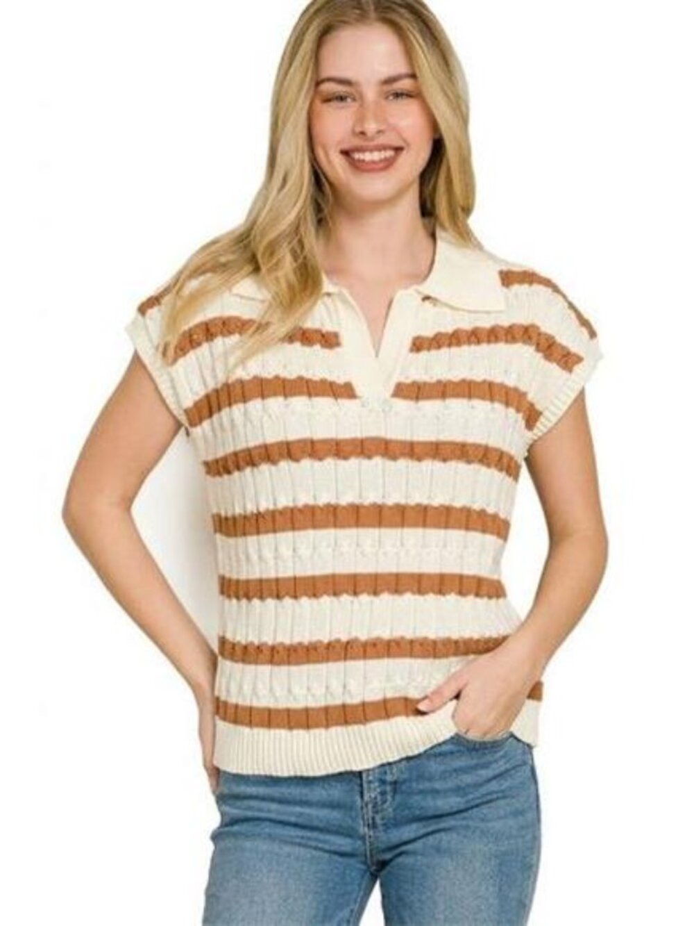 Zenana Textured Stripe Collared Sweater Vest